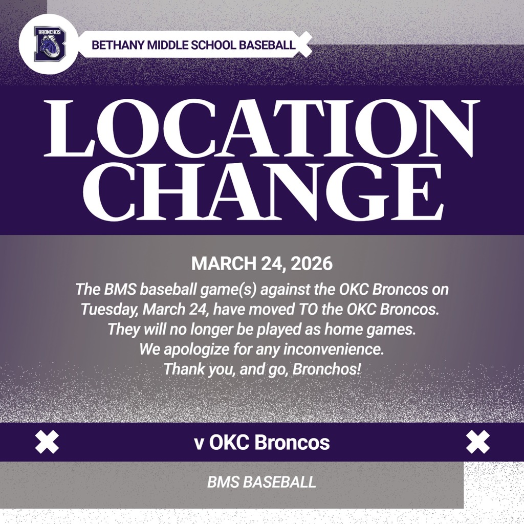 purple and white graphic with details about the location change of the bms baseball game on 3/24/26.