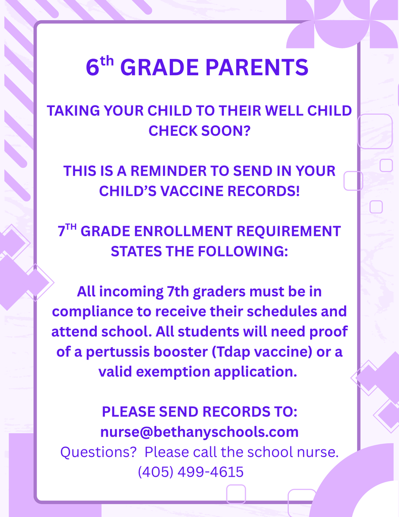 graphic with lavendar coloring giving details about 7th grade vaccination requirement
