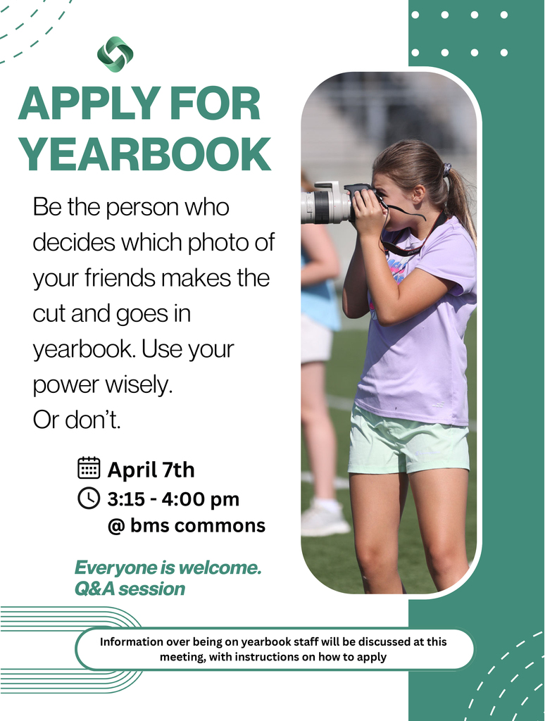 graphic with a photo of a girls taking a picture with a camera and details about a yearbook Q&A meeting
