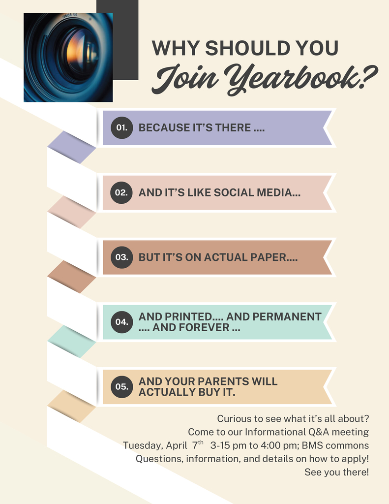 flyer listing reasons why students should consider joining yearbook staff