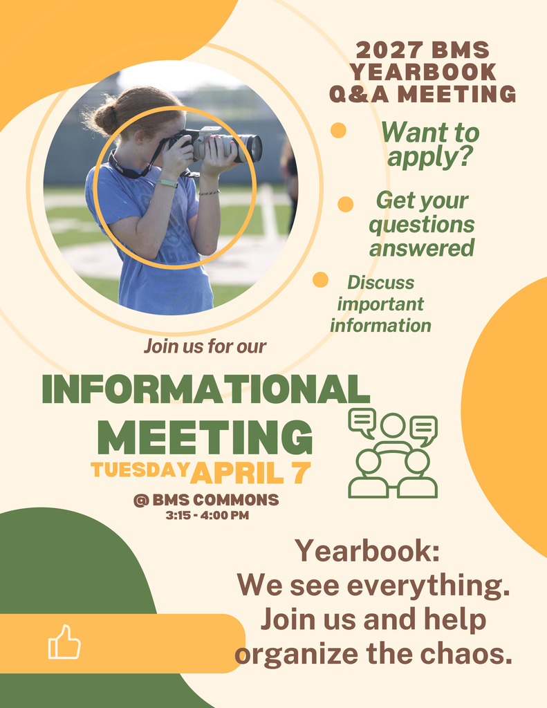 green and yellow flyer with photo of girl taking picture and details about yearbook info meeting