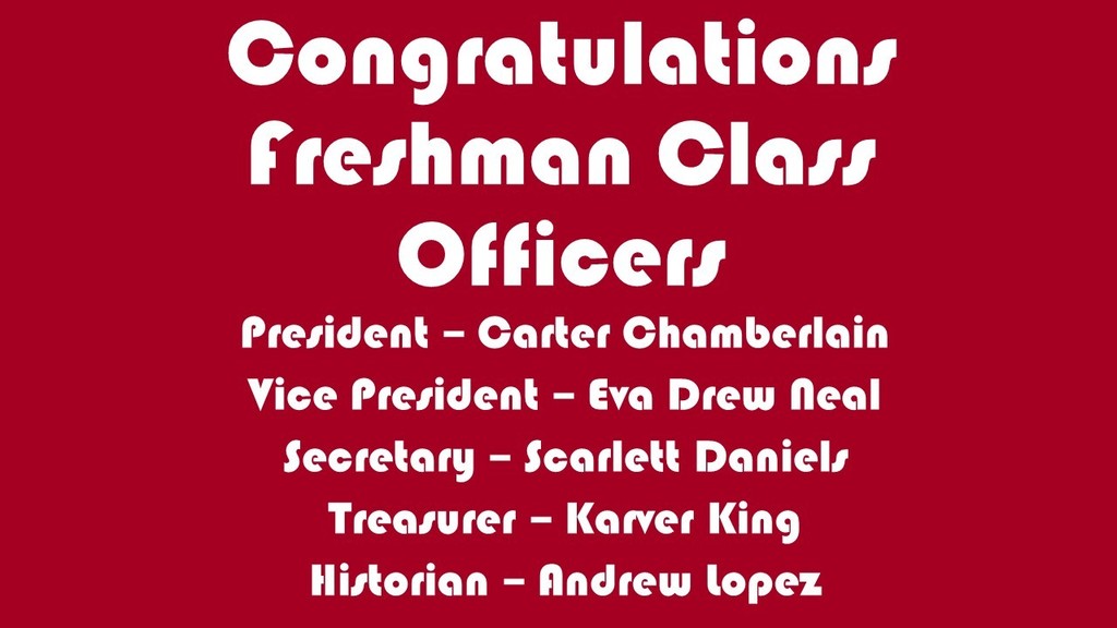 Red graphic with white letters listing newly elected class officers