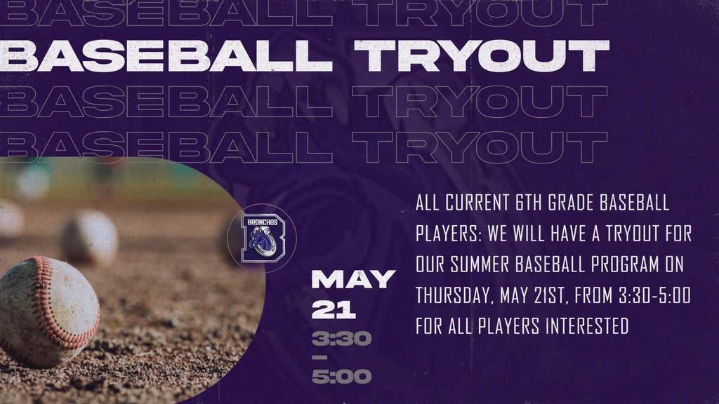 purple graphic; image of baseball; info for summer tryouts