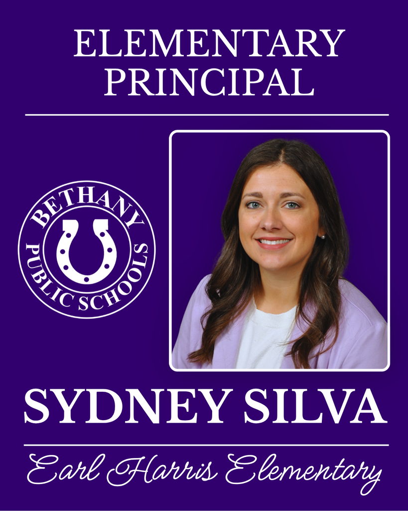 Purple announcement graphic from Bethany Public Schools introducing Sydney Silva as the new principal of Earl Harris Elementary. The design features a professional headshot of Sydney Silva smiling in a light lavender blazer and white top, framed with a white border. The Bethany Public Schools horseshoe logo appears to the left of her photo. Large white text reads "Elementary Principal" at the top, "Sydney Silva" near the bottom, and "Earl Harris Elementary" in a script font across the bottom of the graphic.