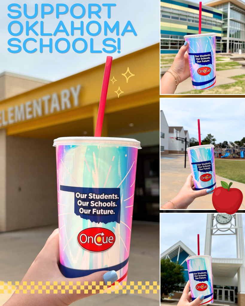 A collage promoting the OnCue Support Oklahoma Schools charitable cup campaign. The largest photo shows a hand holding an iridescent reusable OnCue cup with a red straw in front of a Bethany Public Schools elementary building. The cup features the message, "Our Students. Our Schools. Our Future." Three smaller photos on the right show the same cup held in front of other Bethany school buildings, including an elementary playground and a campus clock tower. Blue text at the top reads, "Support Oklahoma Schools!" A yellow checkered border runs along the bottom, with small decorative sparkles and an apple graphic accenting the design.