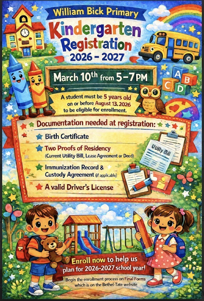 A graphic announcing kindergarten registration dates at bethel tate schools