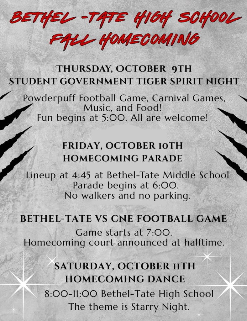 Homecoming flyer listing events beginning Oct. 9