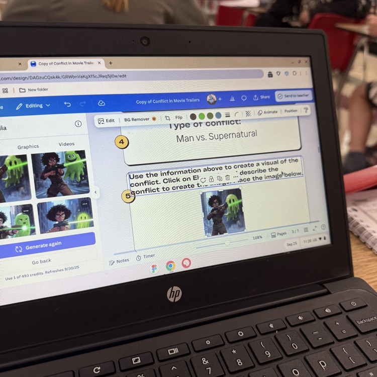 Students were practicing identifying the types of conflict in movie trailers in language arts. They were using Canva to create an AI generated visual of each conflict.   