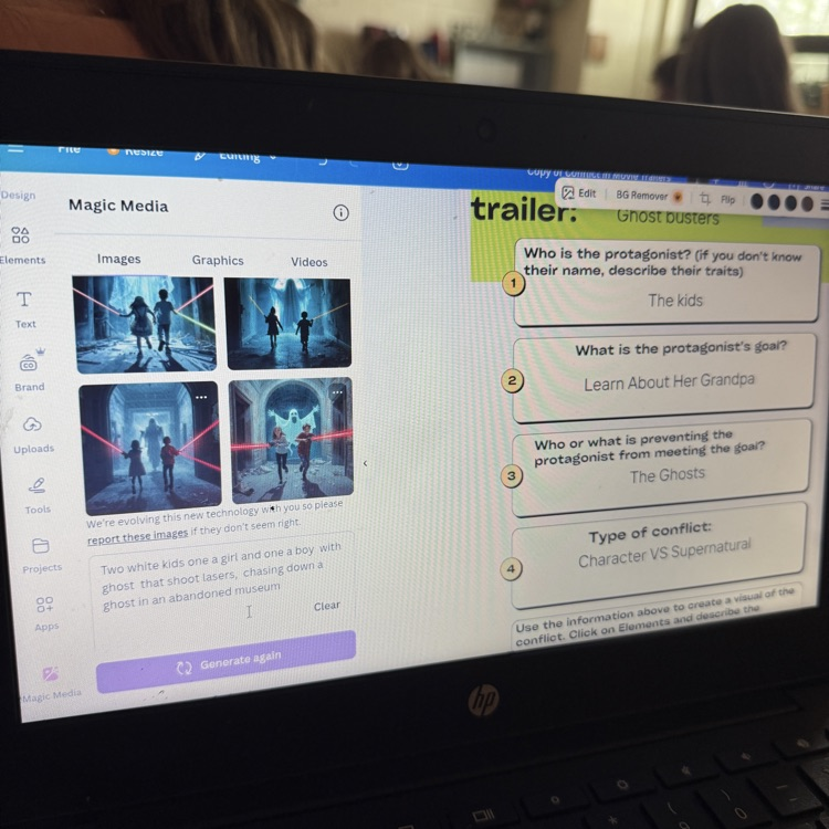 Students were practicing identifying the types of conflict in movie trailers in language arts. They were using Canva to create an AI generated visual of each conflict.   