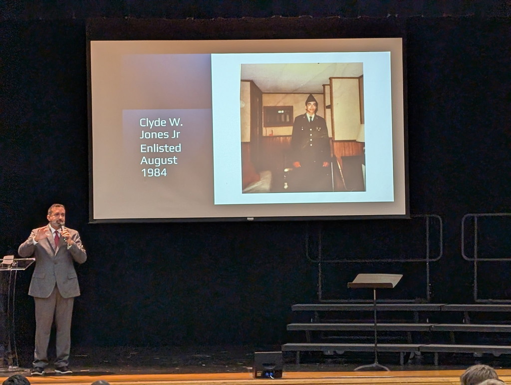 Clyde W. Jones Jr a veteran during his presentation at BTHS.