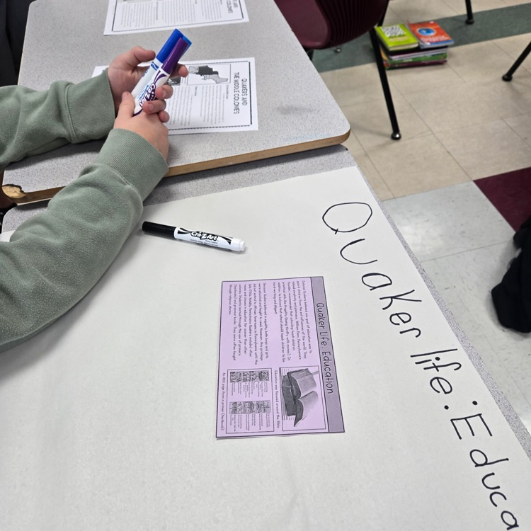 Students are learning about the middle colonies through a fur trading simulation and learning about different aspects of the Quaker life.