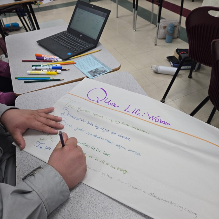 Students are learning about the middle colonies through a fur trading simulation and learning about different aspects of the Quaker life.