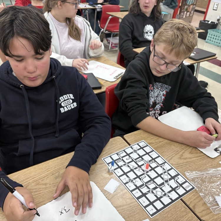 7th graders practiced simplifying linear equations using the game Chutes & Ladders. 