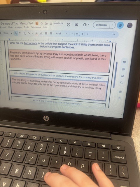 Mrs. Starline’s language arts students analyzed a mentor text to trace claims and evaluate an argument using critical-thinking skills.