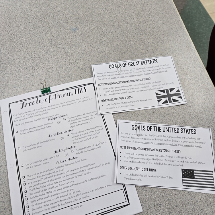 Students were divided into two groups- the United States and Great Britain- and negotiated the terms of the Treaty of Paris.  After reaching an agreement, they signed the treaty and then compared their version to the actual Treaty of Paris.  