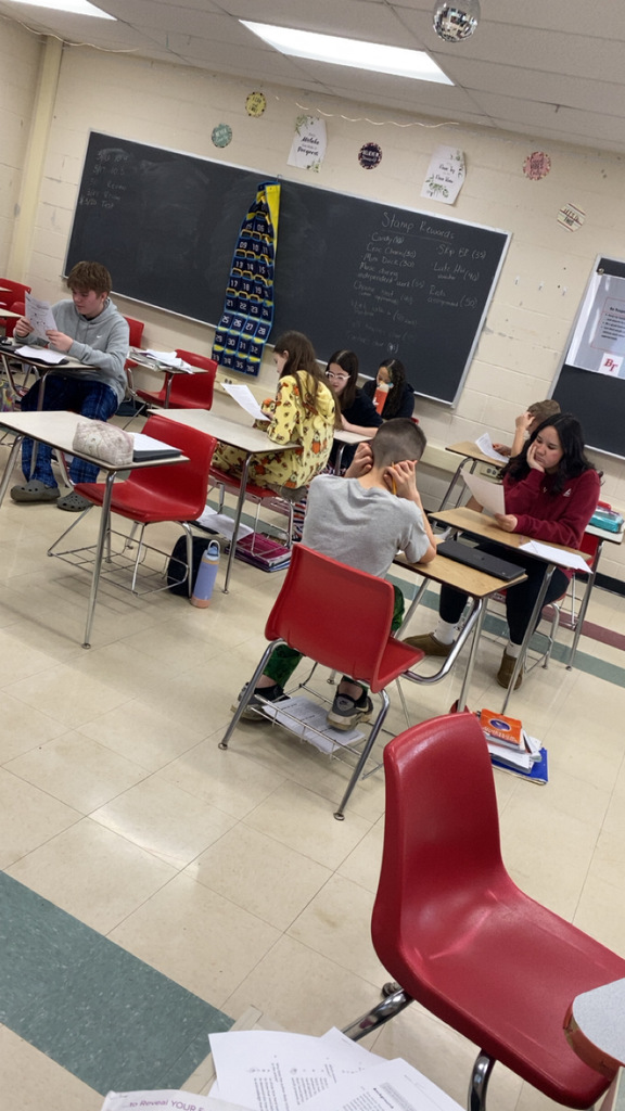 Mrs. Pipes’ students read about the history of tornado warnings. 