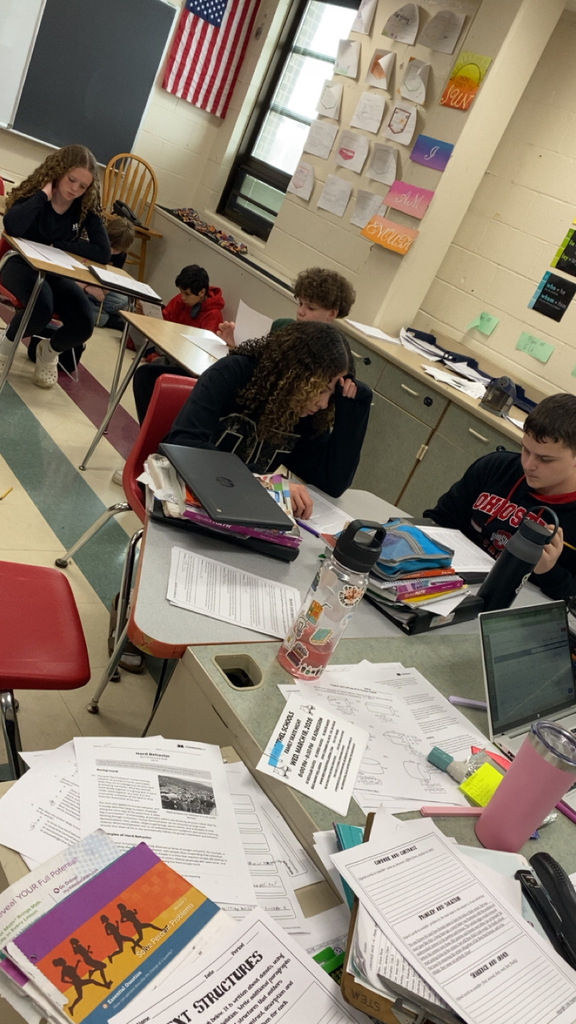 Mrs. Pipes’ students read about the history of tornado warnings. 