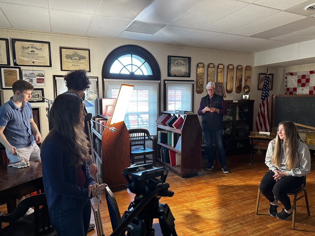 BTHS Academy students at the Bethel Historical Society Museum shooting video for a special project