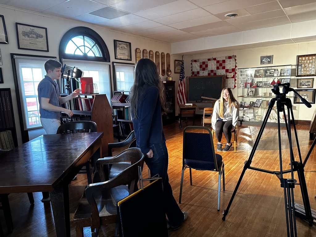 BTHS Academy students at the Bethel Historical Society Museum shooting video for a special project
