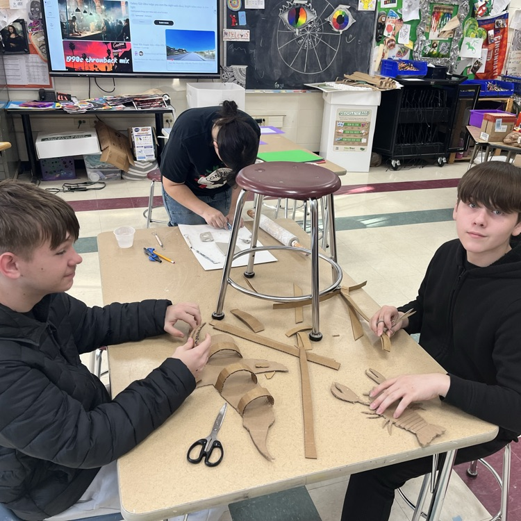 8th grade Art students working on their 3-D sculptures.  Students had the choice between clay, paper mâché or any other material to create a sculpture.