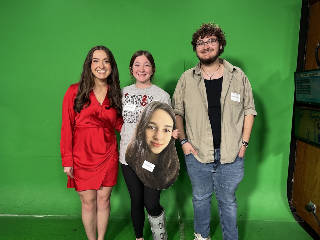 Bethel-Tate Content Creator students tour fox 19 news studio. As shown, three students in front of the green screen