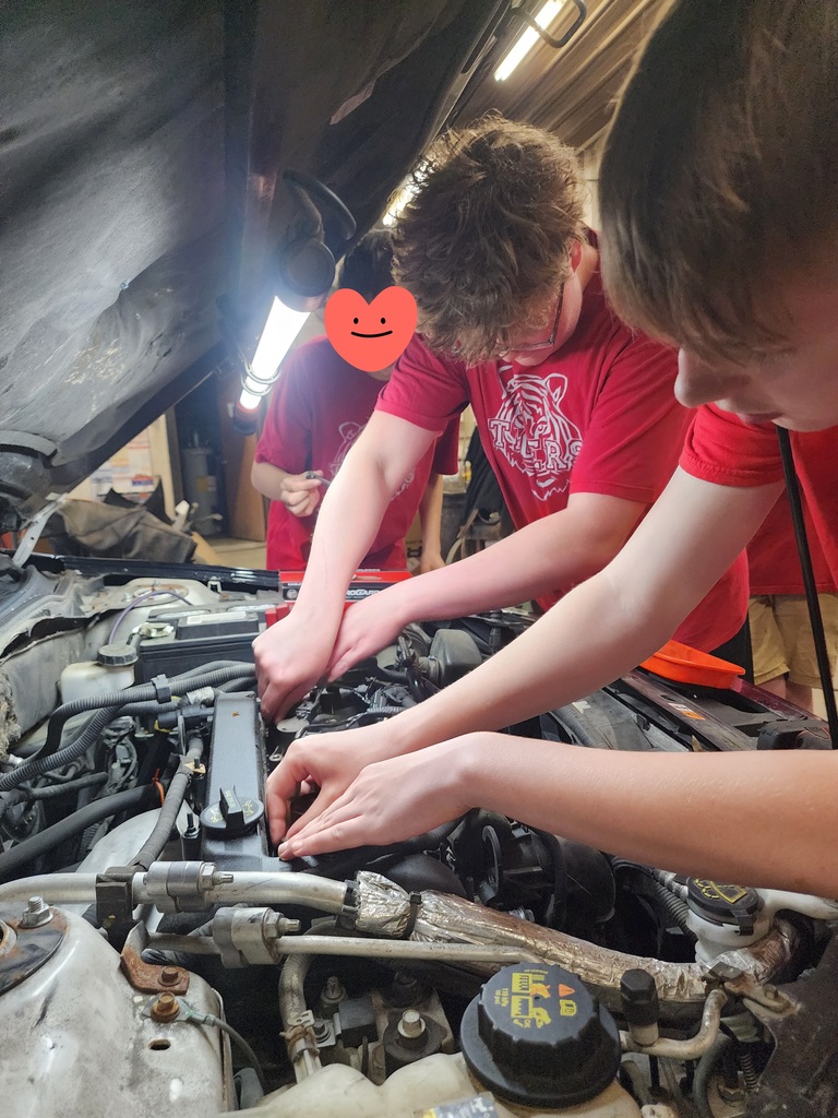 Students learning about working on car for work experience