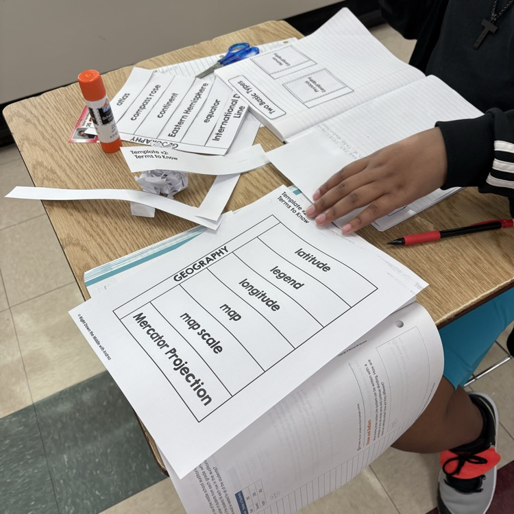 Mrs. Carnahans class using their interactive notebooks to make flashcards for geography terms. 