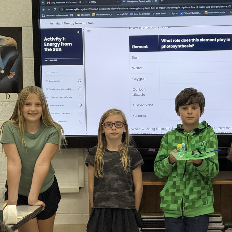 5th grade PLTW photosynthesis models Students were learning about the process of photosynthesis and created models to illustrate the roles of the elements involved. 