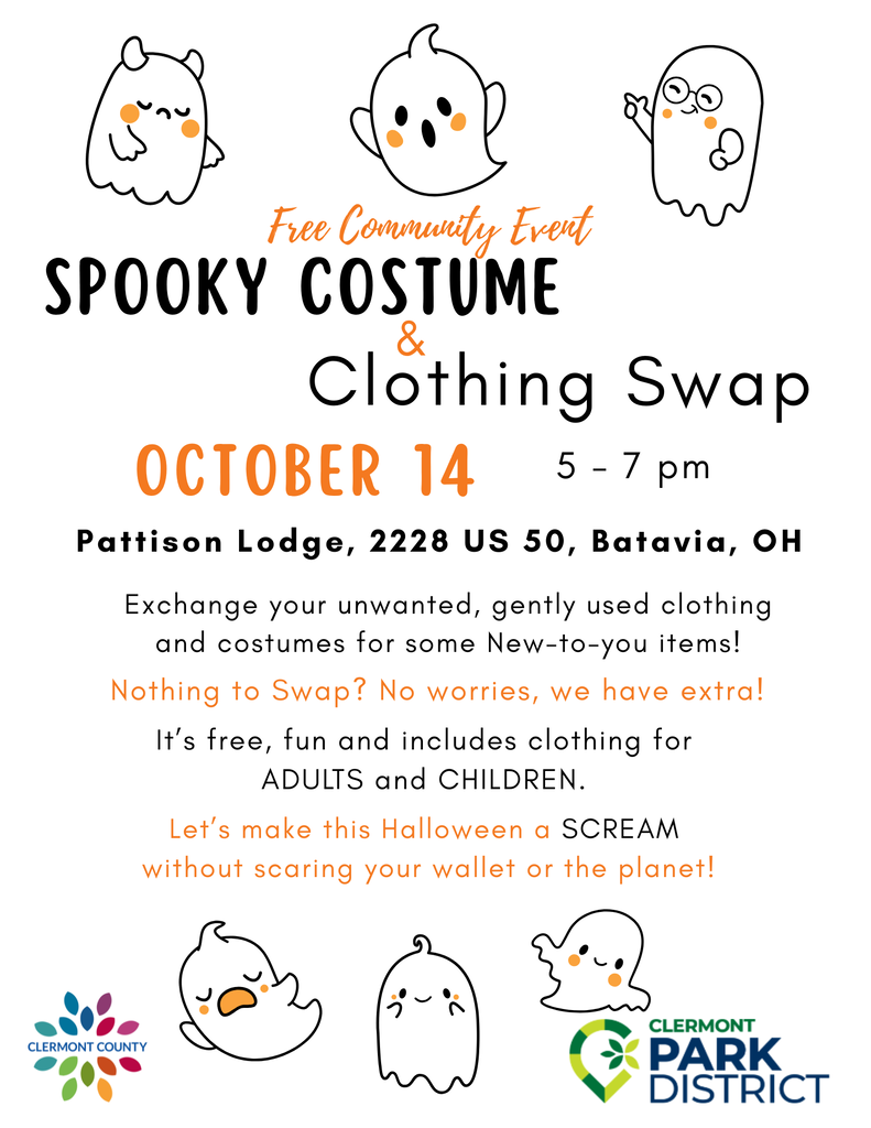 Flyer about a costume and clothing swap in Pattison Lodge on October 14 , 5-7 p.m.