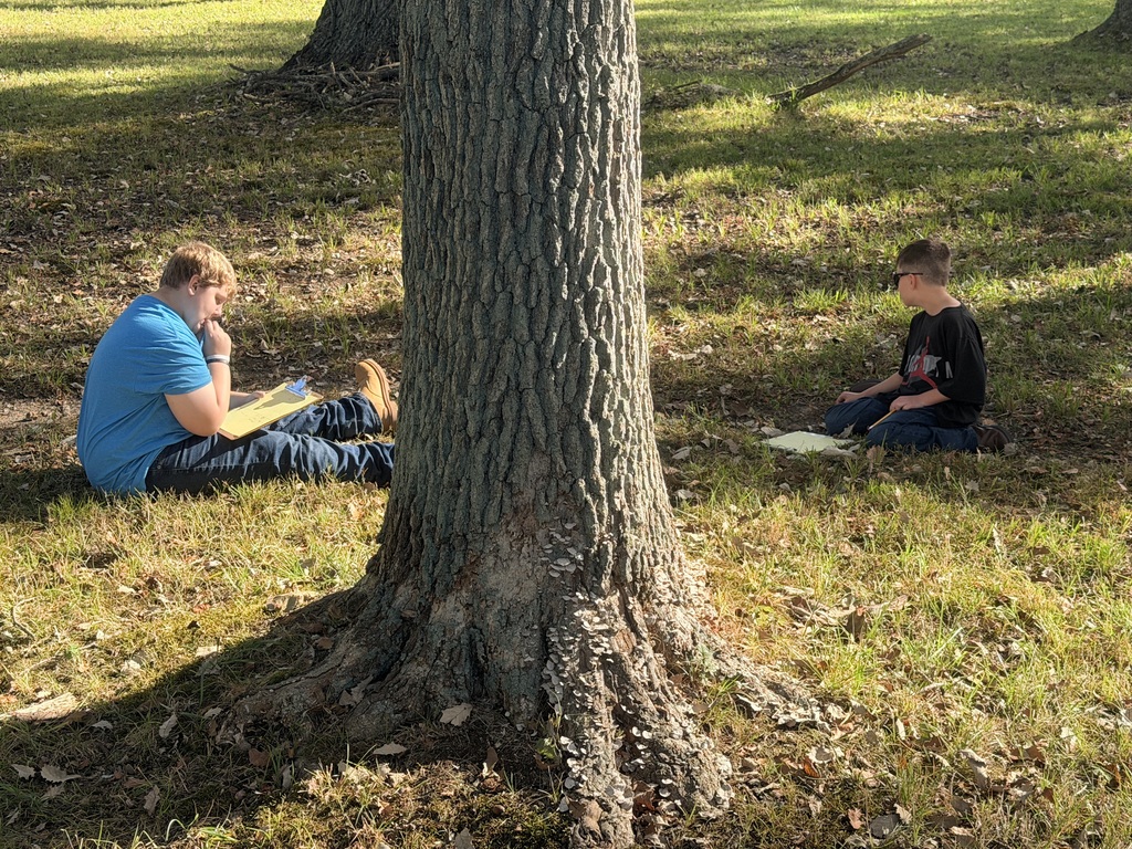 Students spent time in a “sit spot” to jot down what they could hear, feel, see, and smell. They used their notes for a piece on descriptive writing.