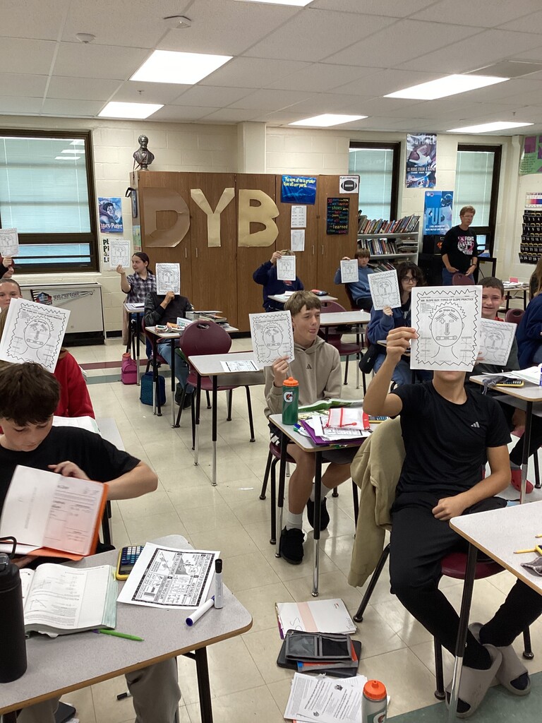 Mr. Essig’s math class working with MR. SLOPE GUY. This is a visual representation of slope that makes a face. Mr. Slope guy is a great study tool for our 8th graders.