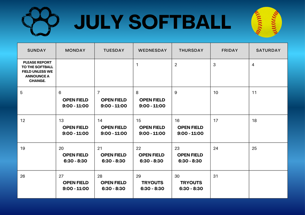 July Softball Calendar