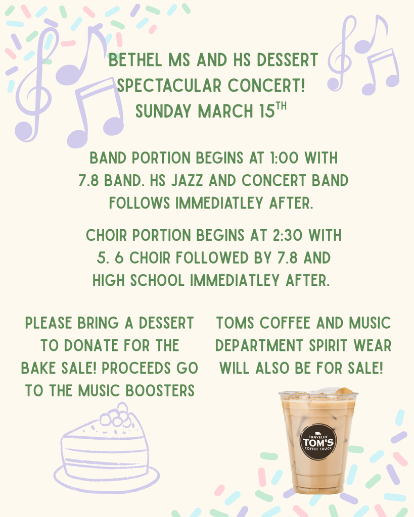 Dessert Concert Spectacular on Sunday, December 15th at 1pm in Bethel Hall!