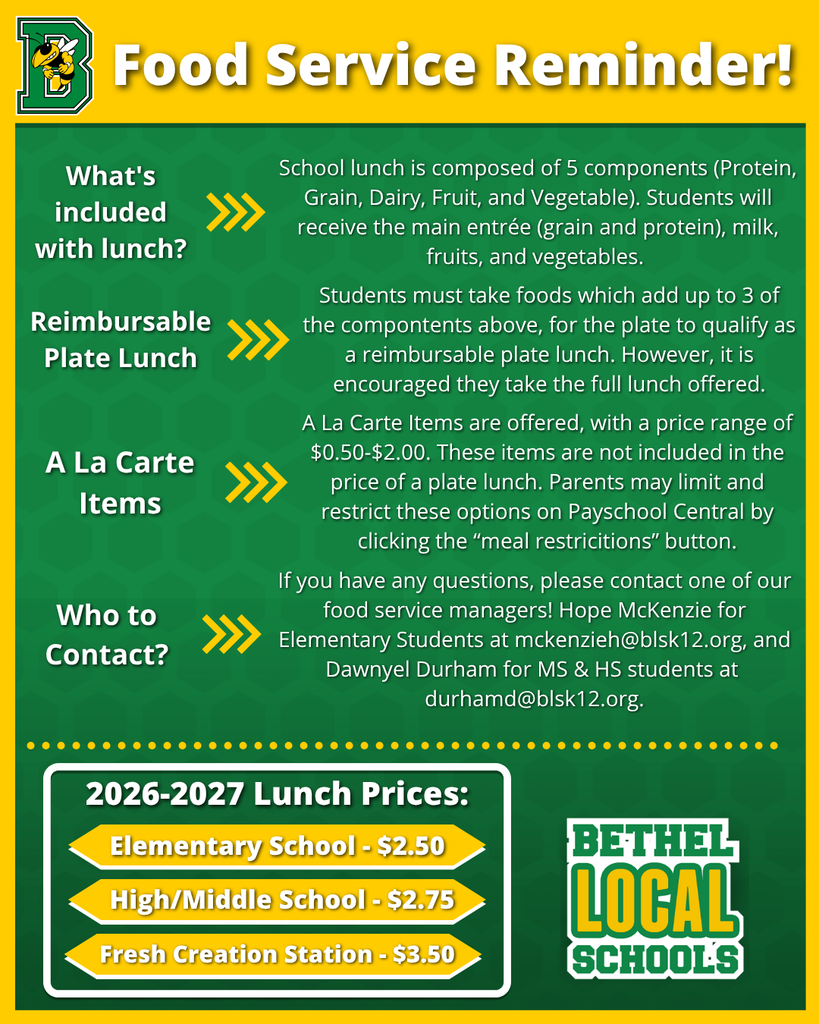 A few reminders from the Food Service Department!