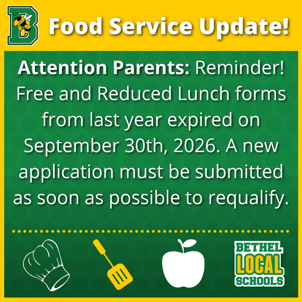 Free and Reduced Lunch forms expired on September 30th. Please submit a new application ASAP to requalify.