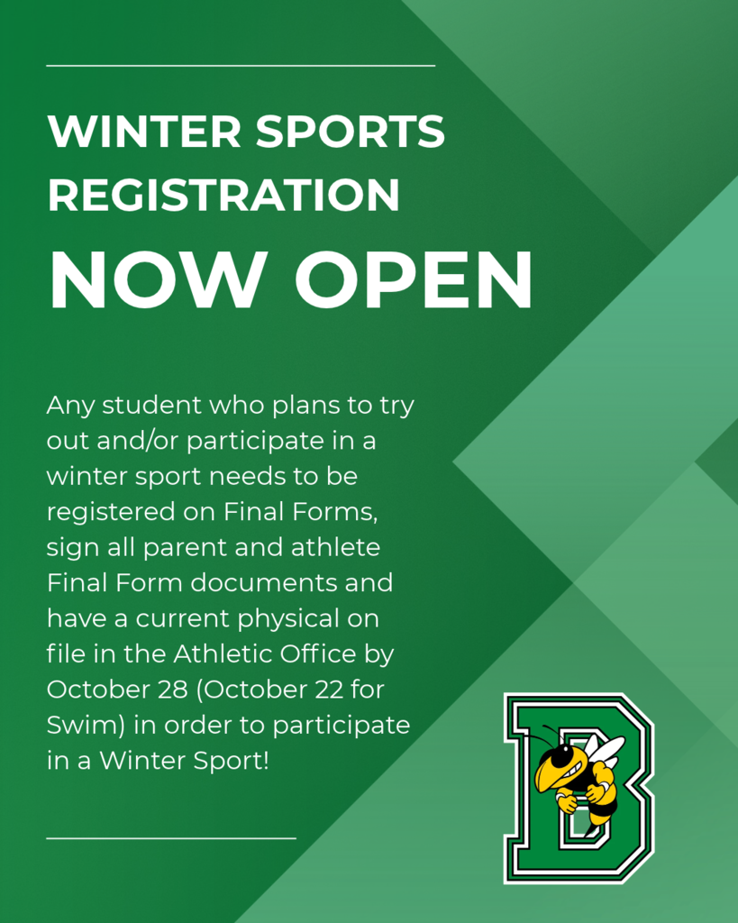 Winter Sports Registration Now Open! |Any student who plans to try out and/or participate in a winter sport needs to be registered on Final Forms, sign all parent and athlete Final Form documents (should all be GREEN) and have a current physical on file in the Athletic Office by October 28 (October 22 for Swim) in order to participate in a Winter Sport!