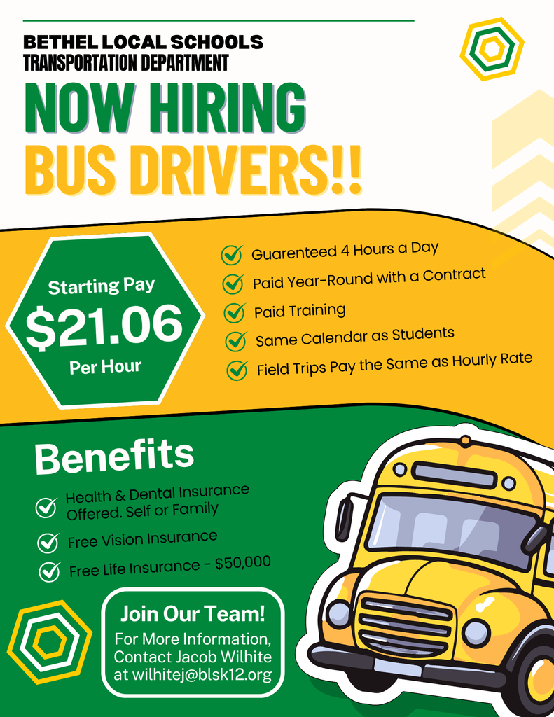BLS Transportation Department is Now Hiring Bus Drivers!!! | Offering a Starting Pay of $21.06 per hour, guaranteed four hours a day, paid training, and great benefits