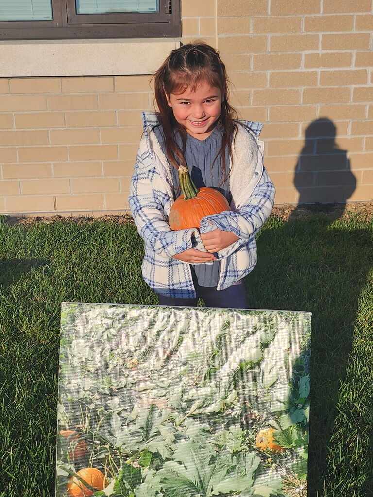 A girl in a light blue flannel jacket holding a pumpkin