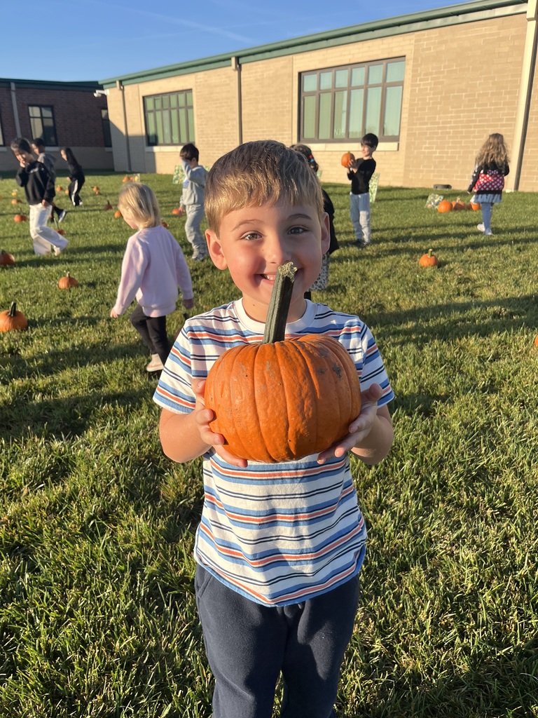 a photo of a boy holding pumpkin with kids looking a pumpkins behind him