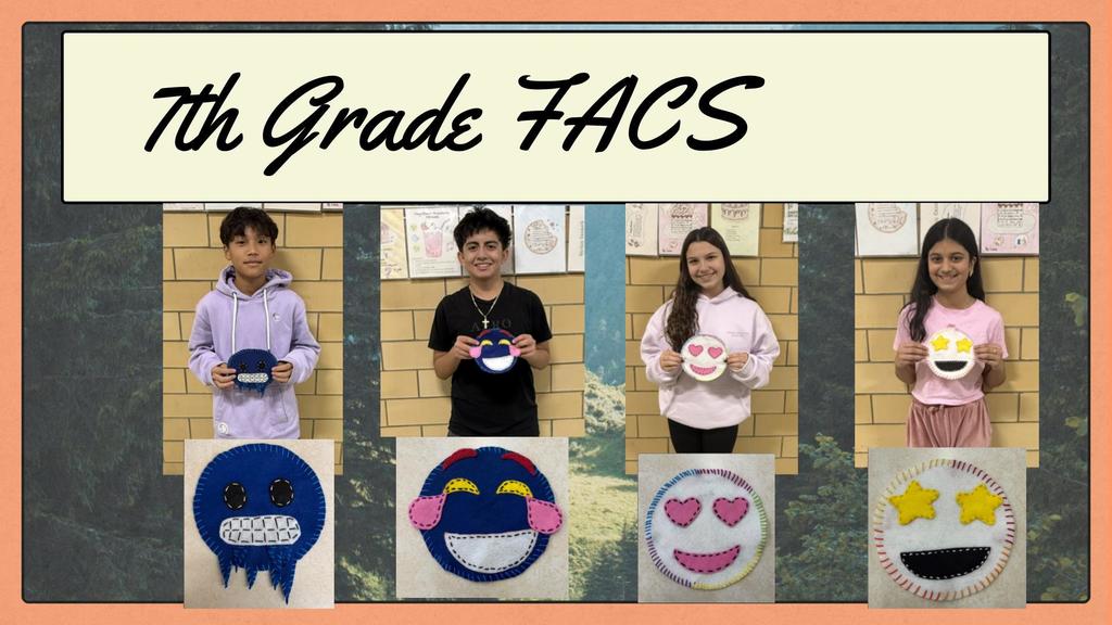 Students from Ms. Venuti's 7th grade FACS class with their final projects from their hand sewing unit.