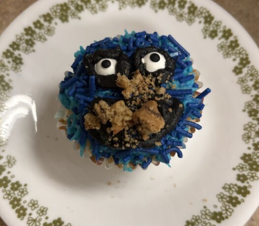 An awesome cookie monster themed cupcake from Ms. Sciara's 8th grade students for the Cupcake Wars Challenge