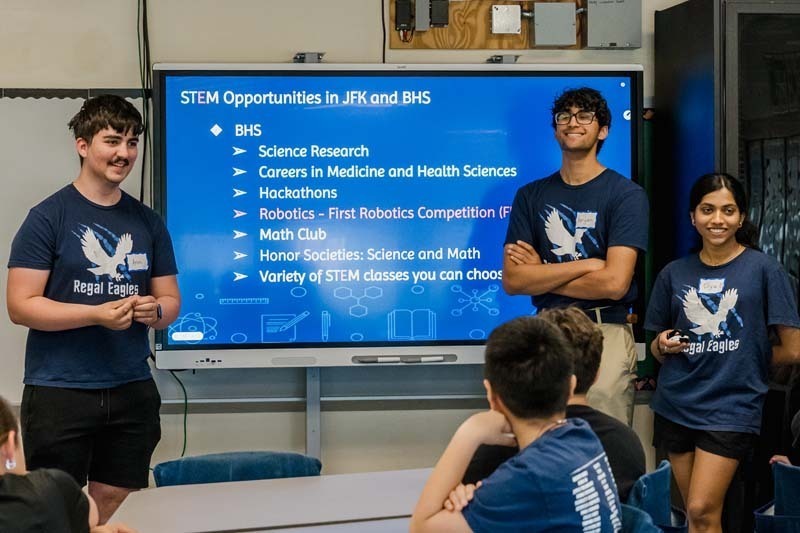 On May 20, six members of Bethpage High School’s award-winning robotics team, the Regal Eagles, visited Kramer Lane Elementary School to lead a series of engineering workshops for fifth grade students.