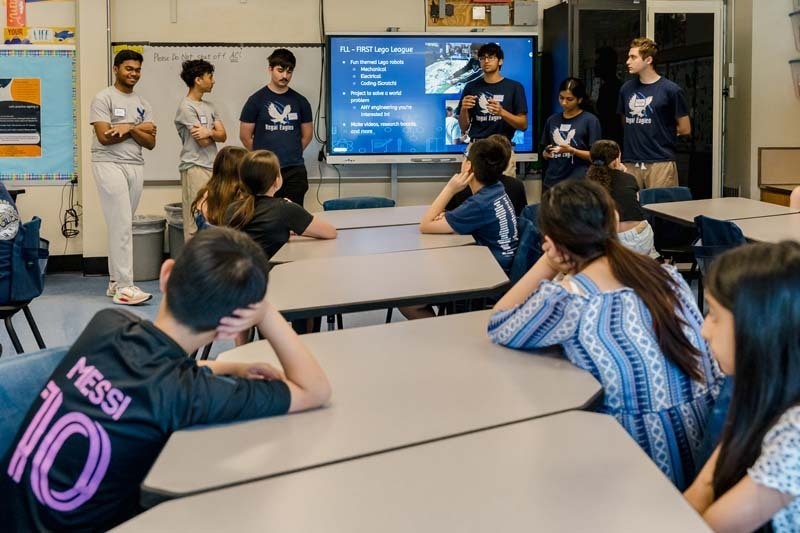 On May 20, six members of Bethpage High School’s award-winning robotics team, the Regal Eagles, visited Kramer Lane Elementary School to lead a series of engineering workshops for fifth grade students.