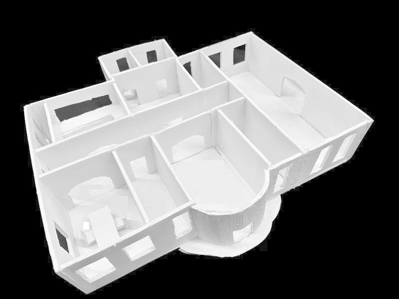 A white foam core scale model from a high school architecture class