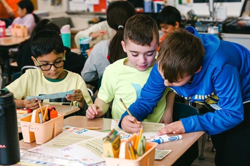 Students coloring with markers.