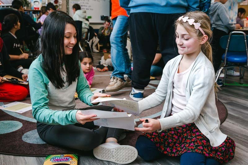 Students coloring with markers.