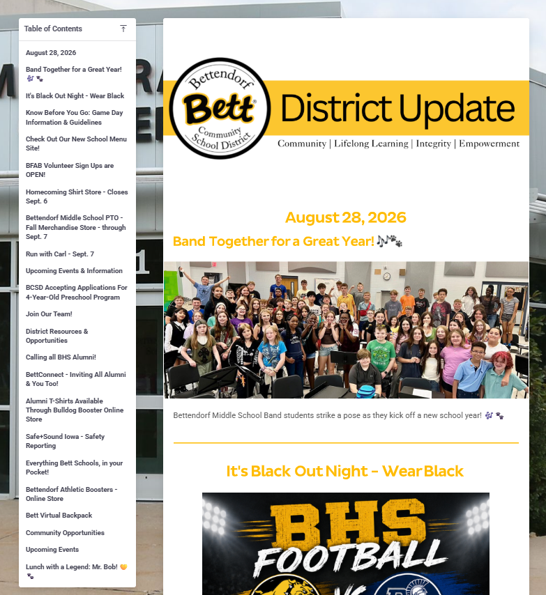 Screen shot of top of Bett Districr Update