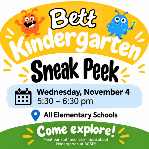 Colorful Bett Kindergarten Sneak Peek graphic featuring playful orange and blue cartoon characters. The event is Wednesday, November 4, from 5:30–6:30 p.m. at all five Bettendorf elementary schools. Families are invited to explore their schools, meet staff, and learn more about kindergarten at BCSD.