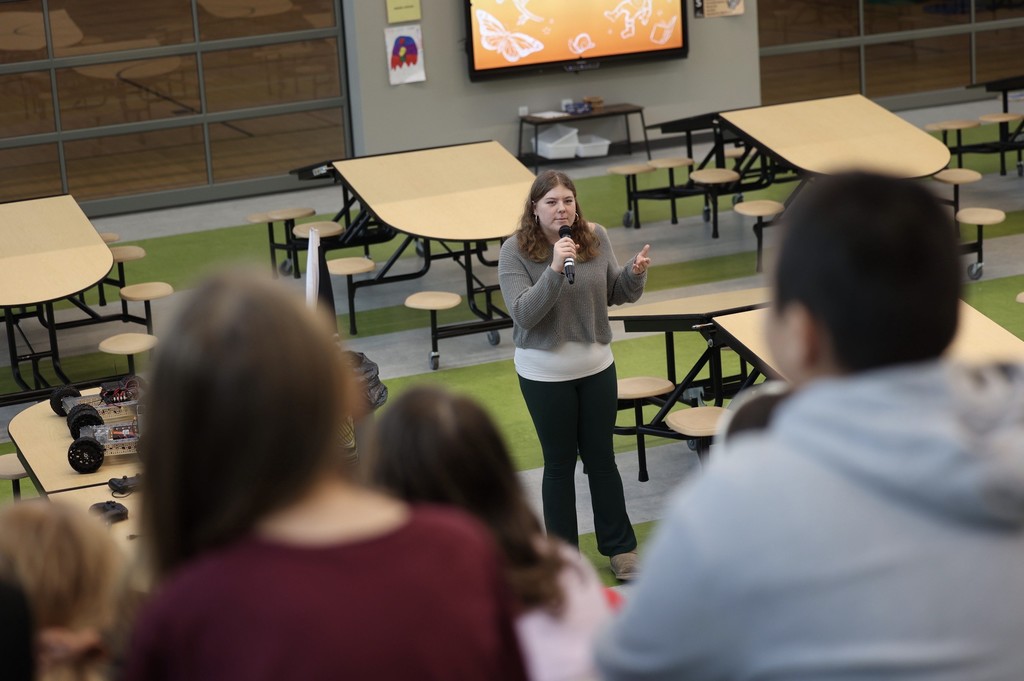 Kaija Anderson addresses students at Mark Twain Elementary