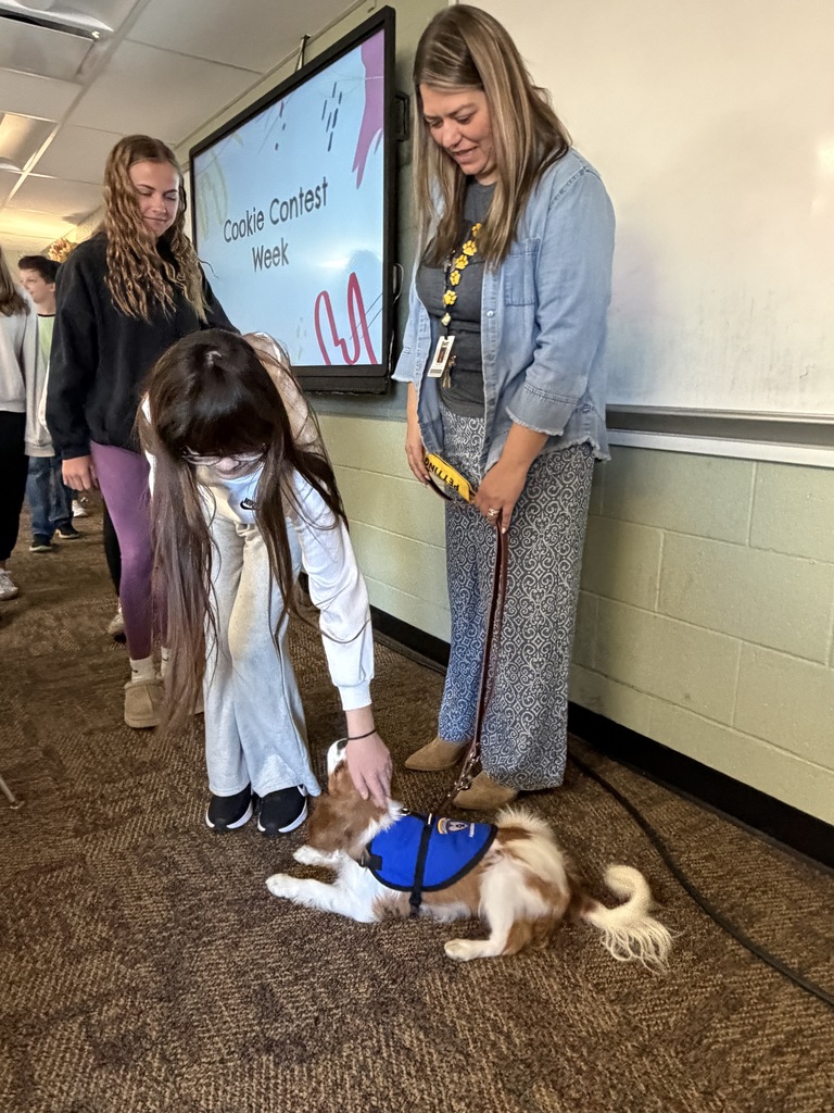 Ernie being pet by a student